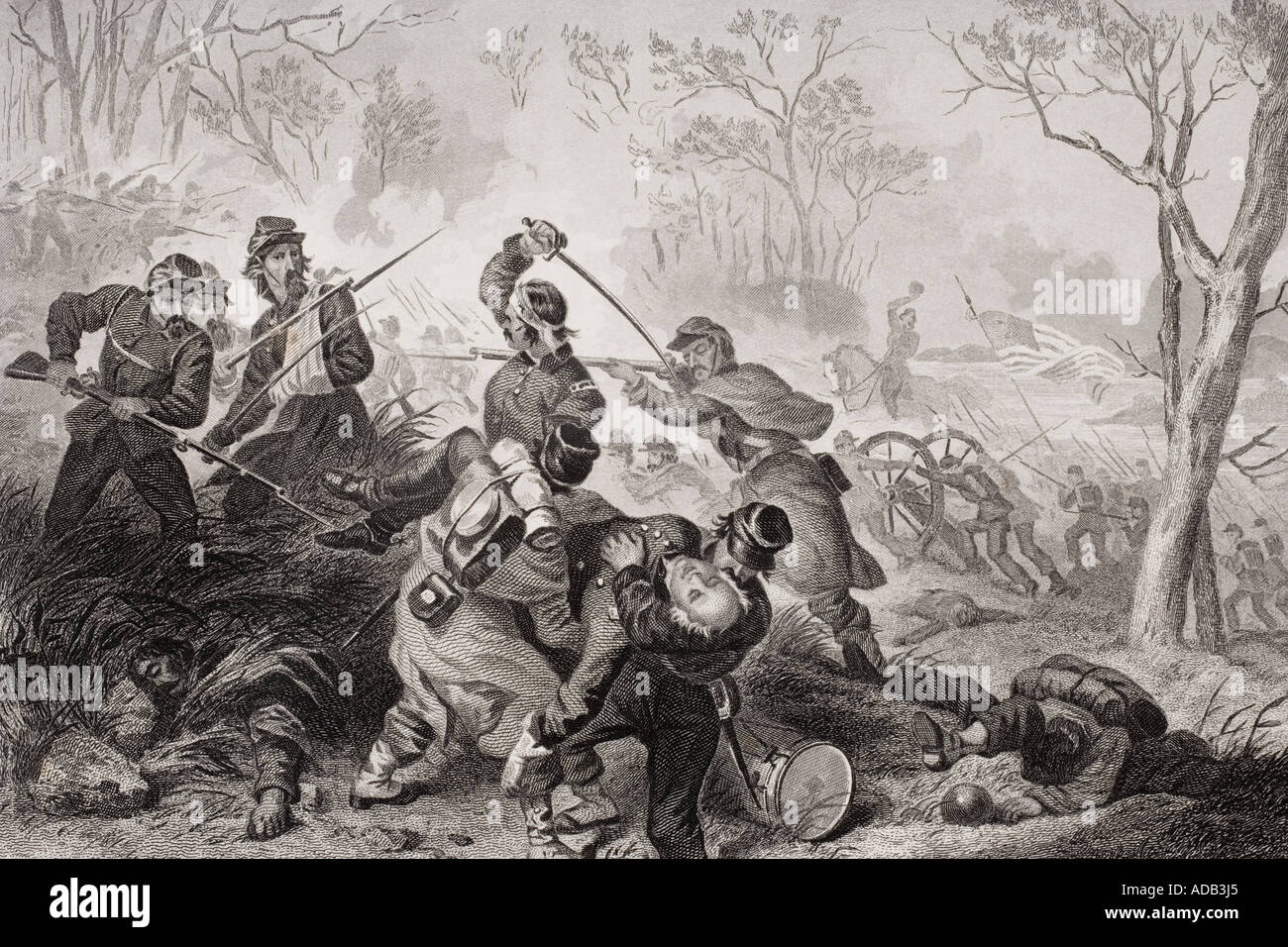 Tod von Colonel Edward D Baker bei der Schlacht von Balls Bluff, Virginia, 1861. Stockfoto