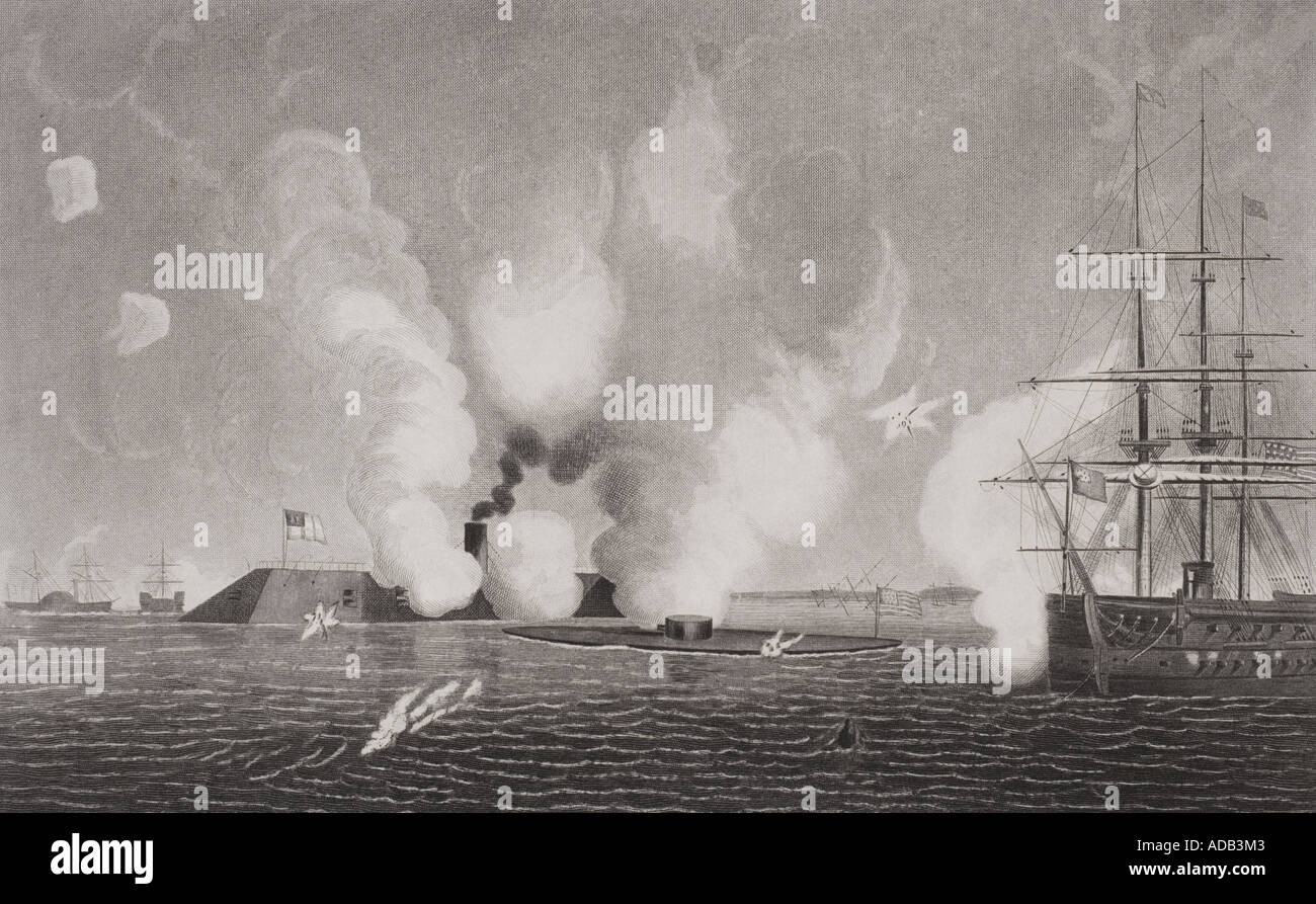 Ersten Seegefechte zwischen Eisen Schiffe der Konföderierten CSS Virginia und die Union USS Monitor Stockfoto