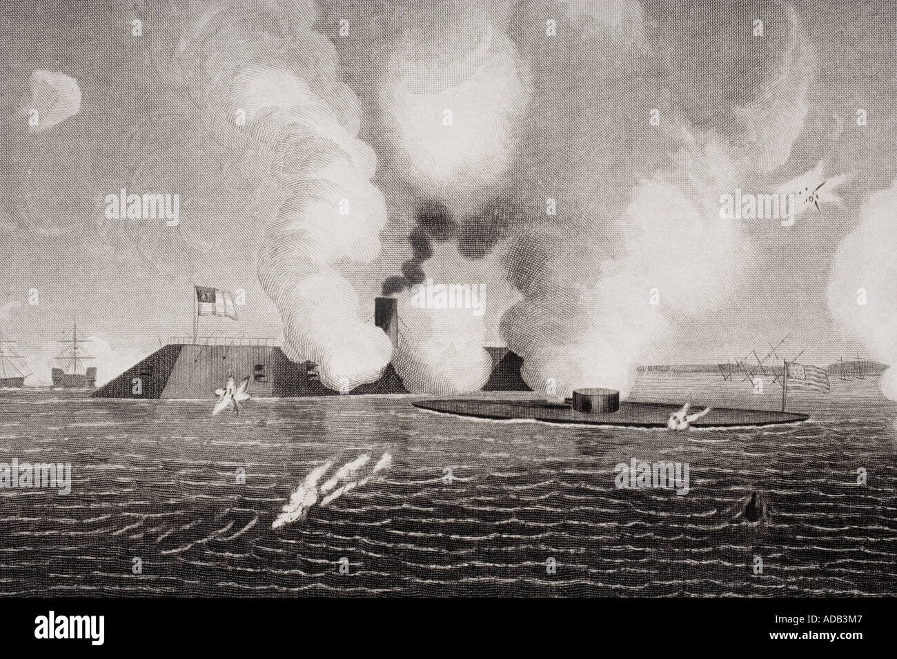 Erster Seegefechtskampf zwischen eisernen Schiffen, Der konföderierten CSS Virginia und Der Union USS Monitor. Stockfoto