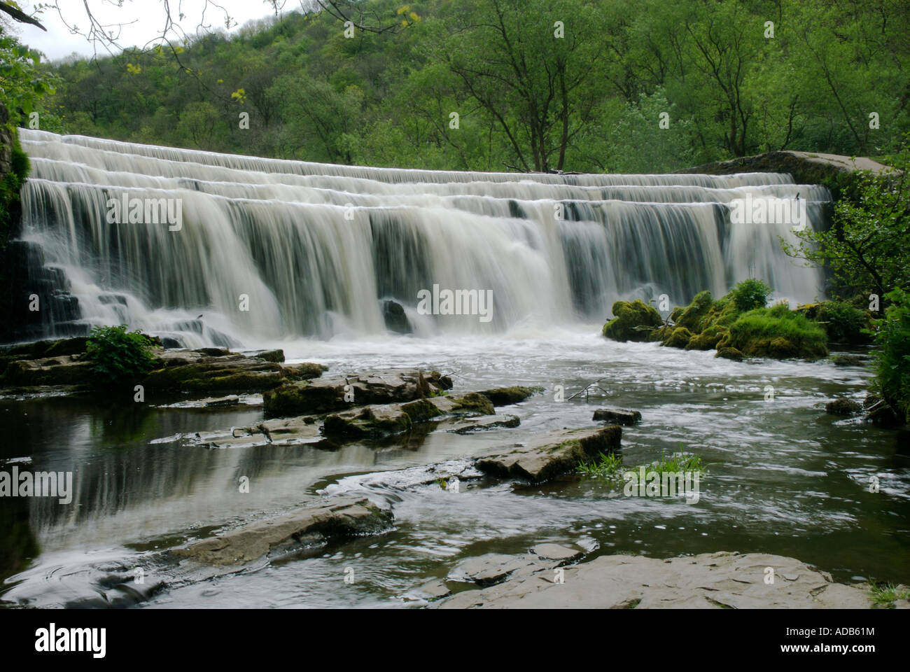 Wehr auf den Fluss Wye am Monsal Head Peak District National Park Stockfoto