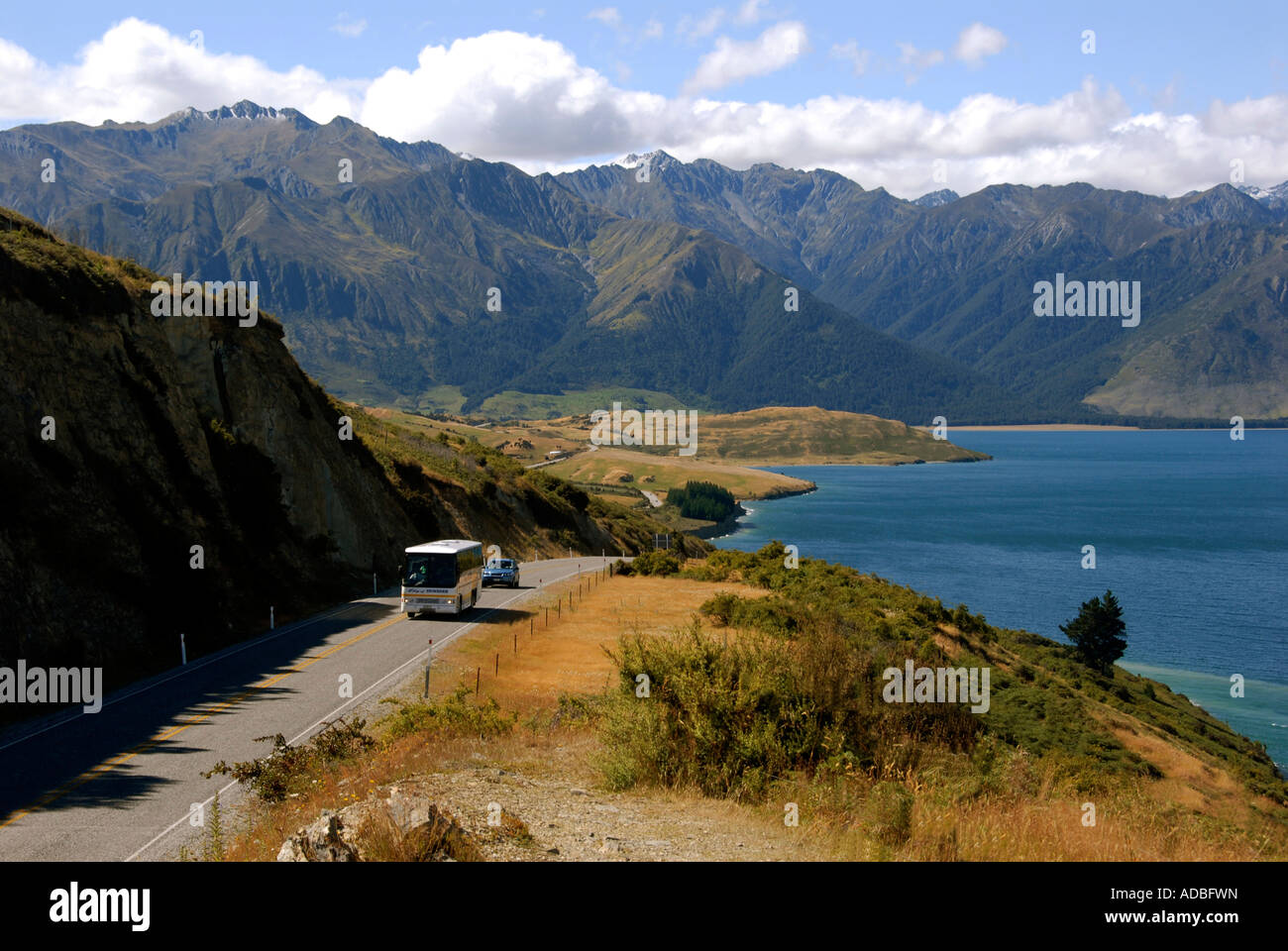 Touristenbus Lake Hawea Südinsel Neuseeland Stockfoto