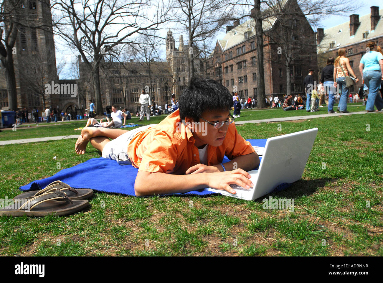 Yale-Student arbeitet auf einem Computer, auf dem Campus im Freien bei einem warmen Frühlingstag Stockfoto
