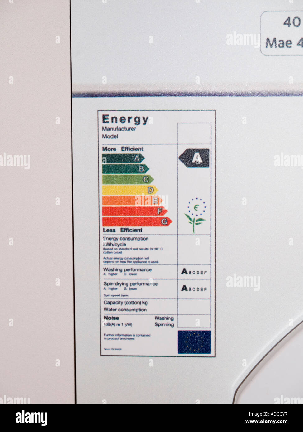 Etikette auf Kühlschrank Energieeffizienz Level A. zeigen Stockfoto