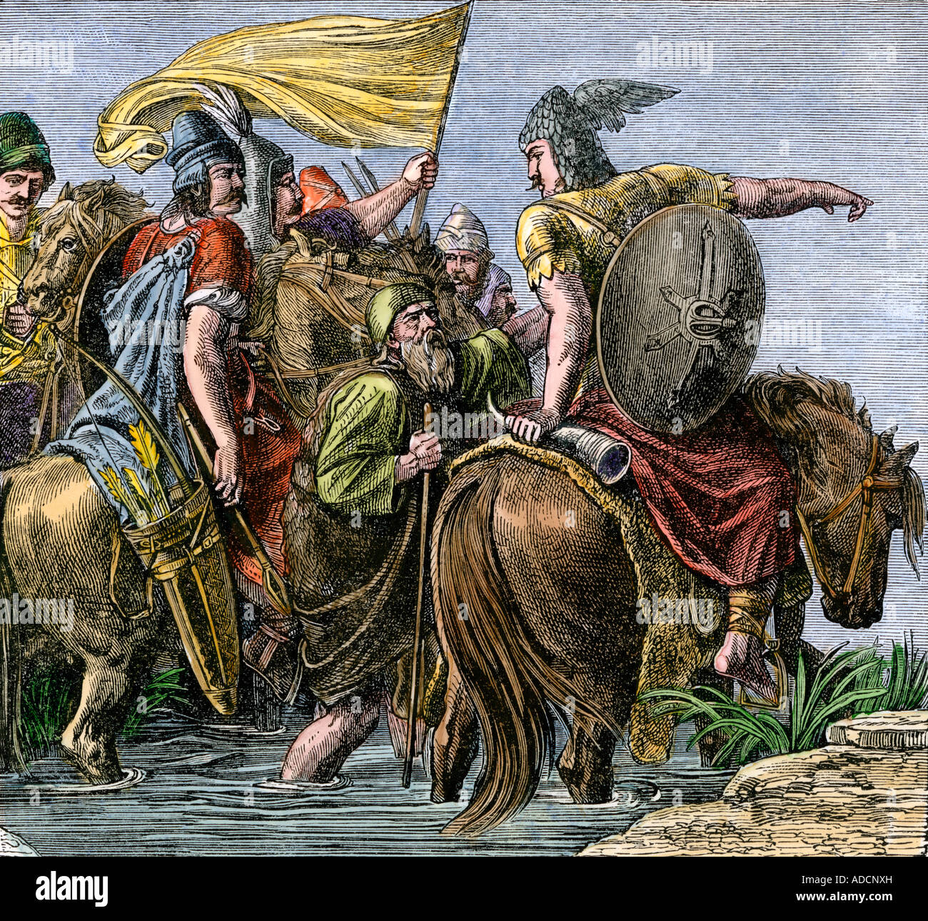 Ankunft der Hunnen in Europa der Migration von Asien ca. 450 AD. Hand - farbige Holzschnitt Stockfoto
