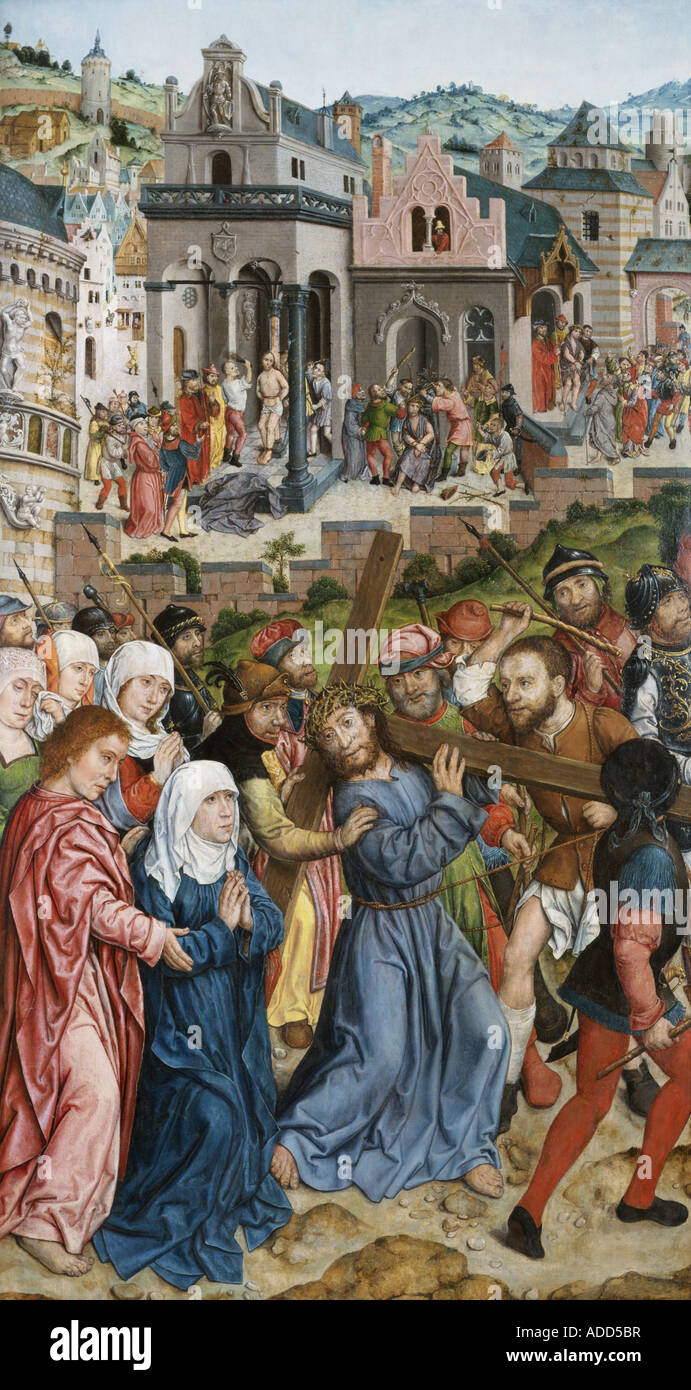 Bildende Künste, Kämpfe, Aelbert (ca. 1460-1549), Altarbild, 'Kreuzweg', Jesus das Kreuz tragen, Ende 15. Jahrhundert, Zisterzienser Kloster Wettingen-Mehrerau, Artist's Urheberrecht nicht geklärt zu werden. Stockfoto