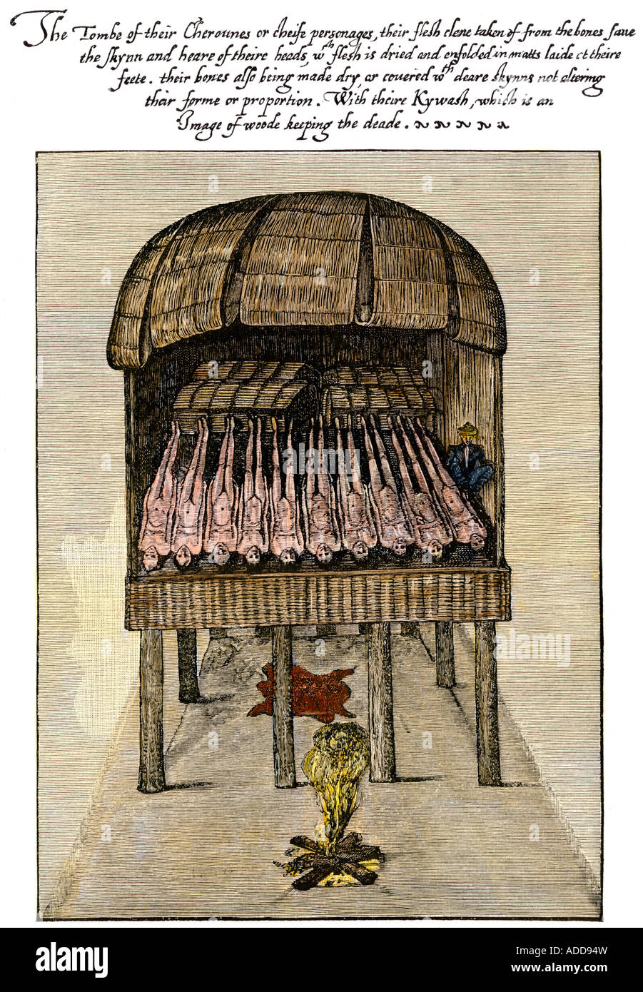 Grab des einbalsamierten Häuptlinge ihre Fleisch und Knochen, getrocknet und erhaltene North Carolina 1500. Hand - farbige Holzschnitt eines John White Abbildung Stockfoto