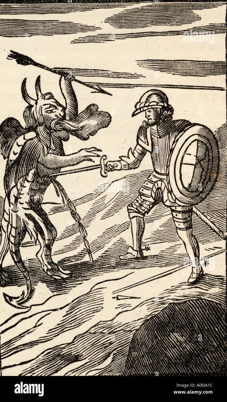 Der Kampf zwischen christlichen und Apollyon, Engel des Abgrunds. Aus der 13. Ausgabe des Pilgrm Fortschritt, 1692. Stockfoto