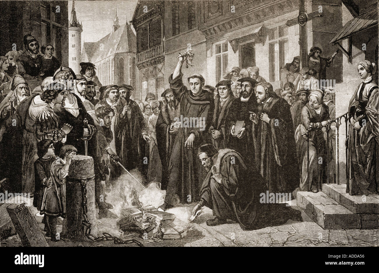 Martin Luther brennen die Päpstliche Bull. Martin Luther, 1483-1546. Deutscher Professor der Theologie, Komponist, Priester, Mönch während der protestantischen Reformation. Stockfoto