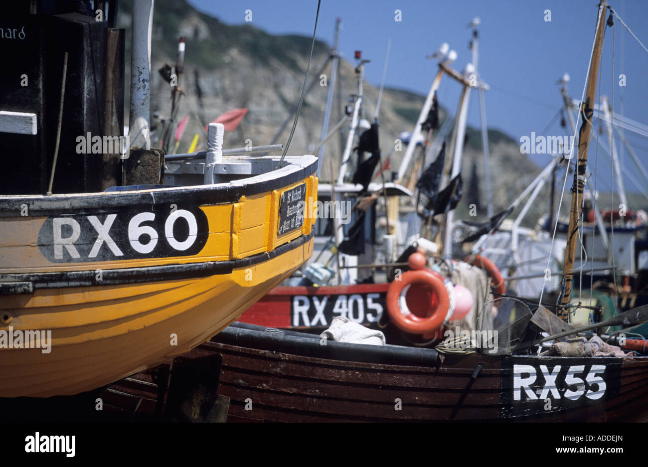 Angelboote/Fischerboote in einer Fischerei auf dem Ärmelkanal Hastings UK Stockfoto