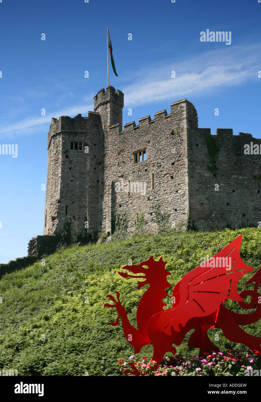 Cardiff Castle und Schloss-Hügel mit walisische Flagge Stockfoto