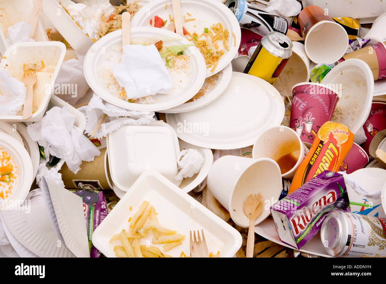 Müll Müll in eine Mülltonne Lebensmittelabfälle Pappteller Becher Dosen Stockfoto