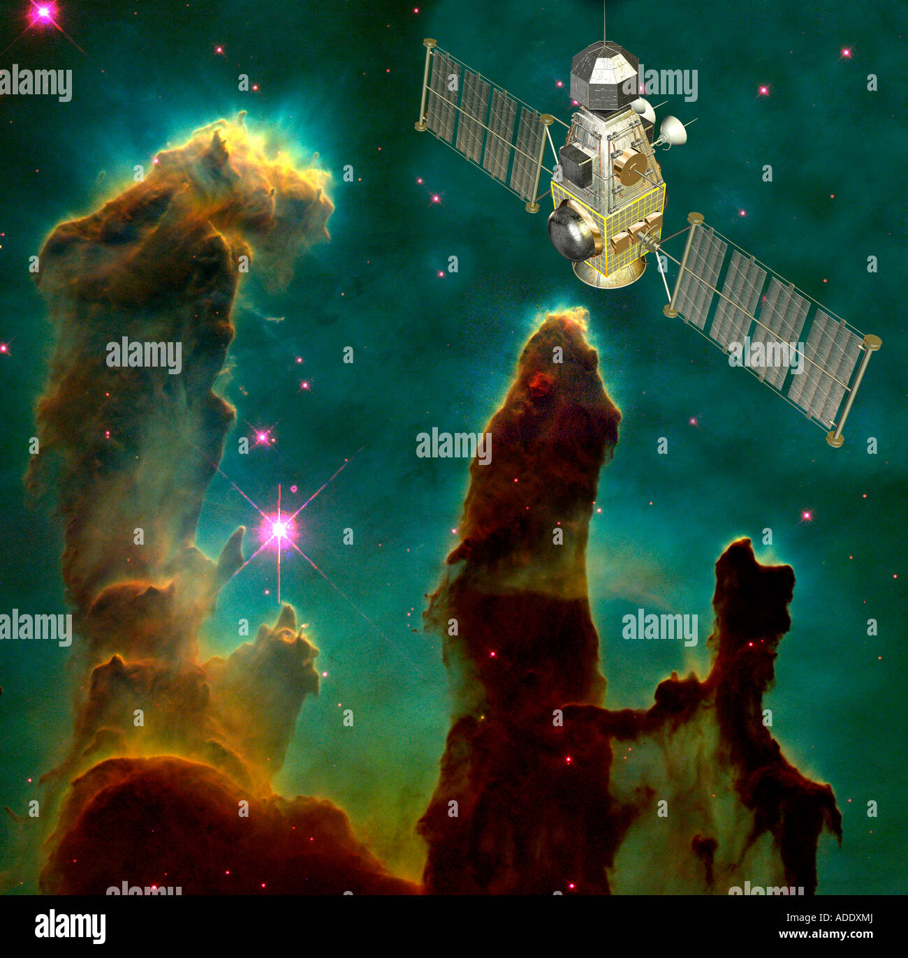 Satelliten-Ansicht Raum Phänomen der Spalten der coole interstellaren Wasserstoff Gas und Staub und Raum Fahrzeug Digital hinzugefügt Stockfoto