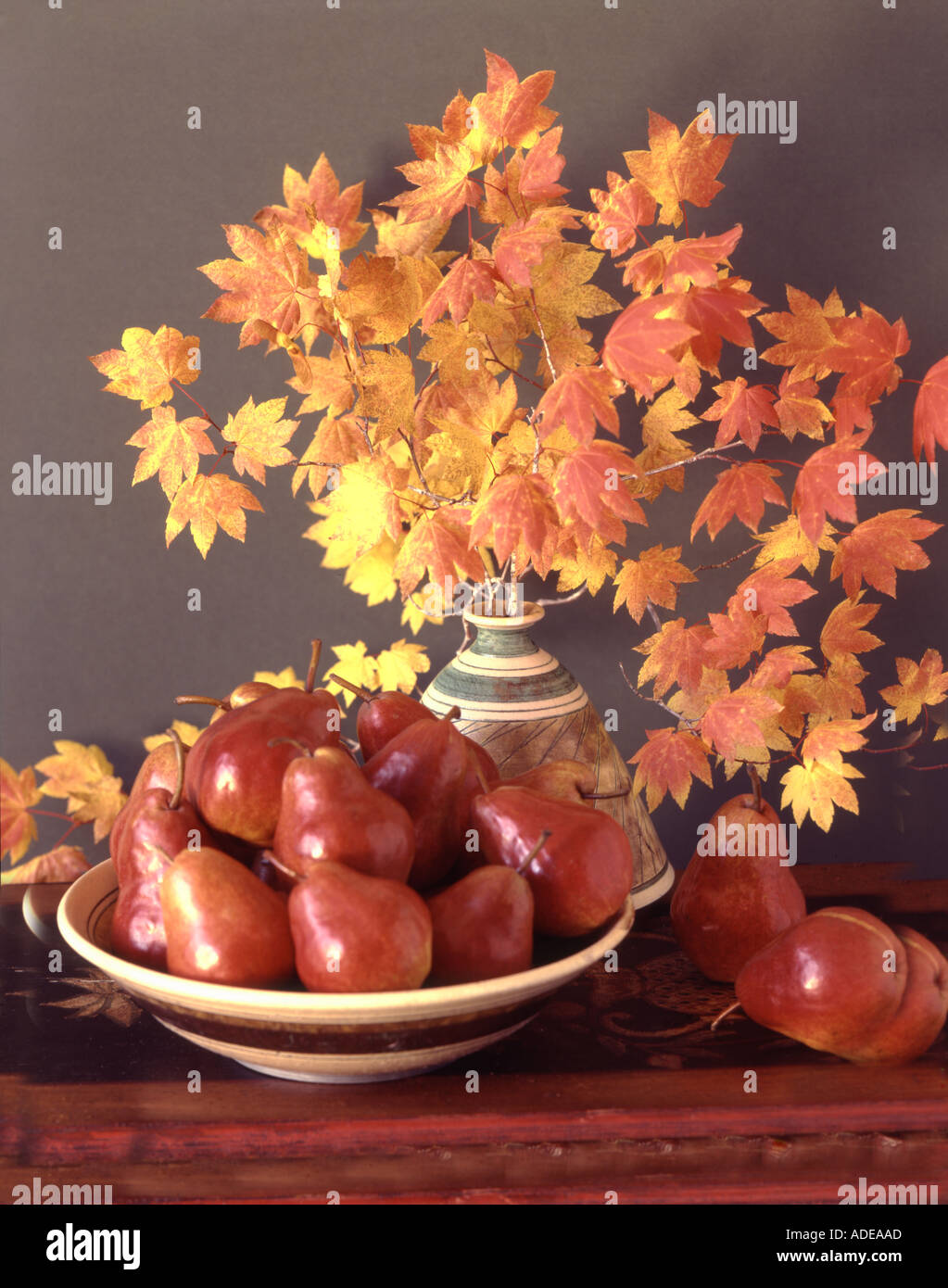 Herbstliche saisonale Stillleben mit brillant beleuchtet Ahorn Weinranken und Birnen in wunderschön feuerte Raku Keramik Stockfoto