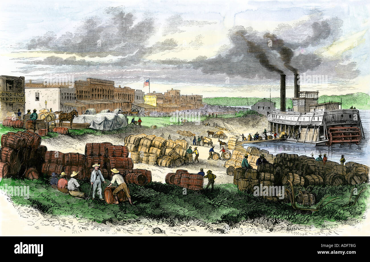 Laden Fässer am Deich in Shreveport Louisiana 1870. Hand - farbige Holzschnitt Stockfoto