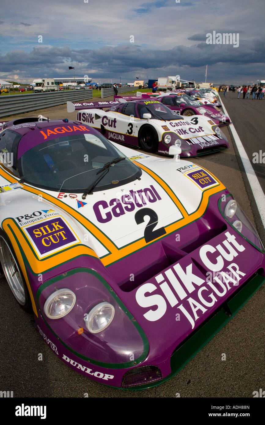 Lineup von klassischen Silk Cut Jaguar Rennen gewinnen Le Mans Autos Silverstone 2007 Stockfoto
