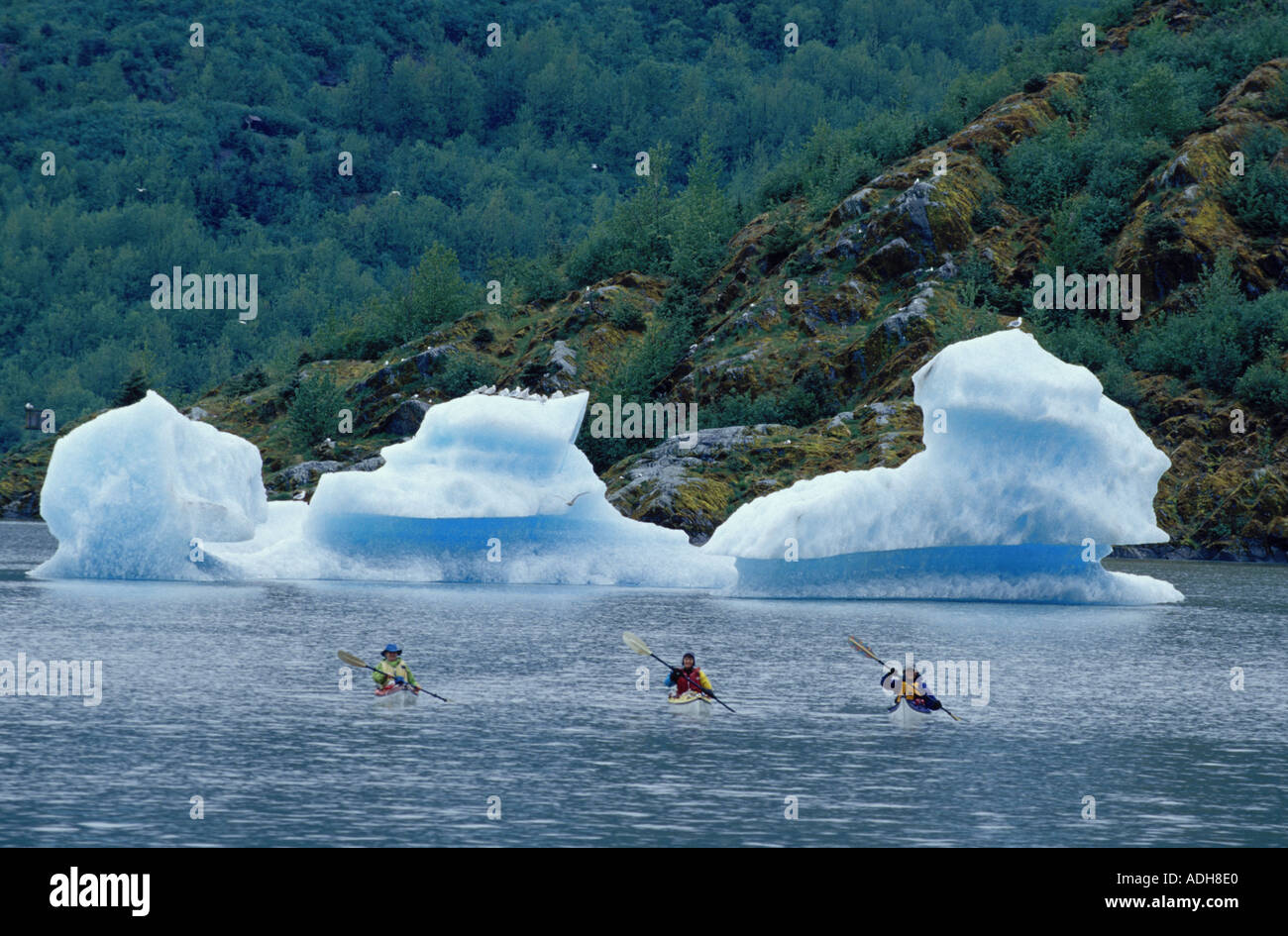 Meer Kajakfahrer Eisberge in Mendenhall Lake SE Alaska Stockfoto