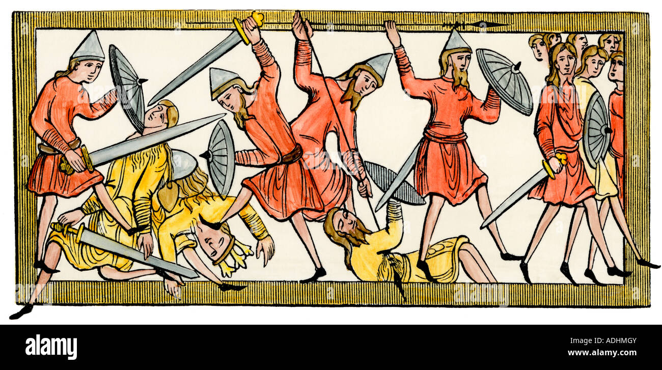 Die Sachsen in der Schlacht im frühen Mittelalter. Hand - farbige Holzschnitt Stockfoto