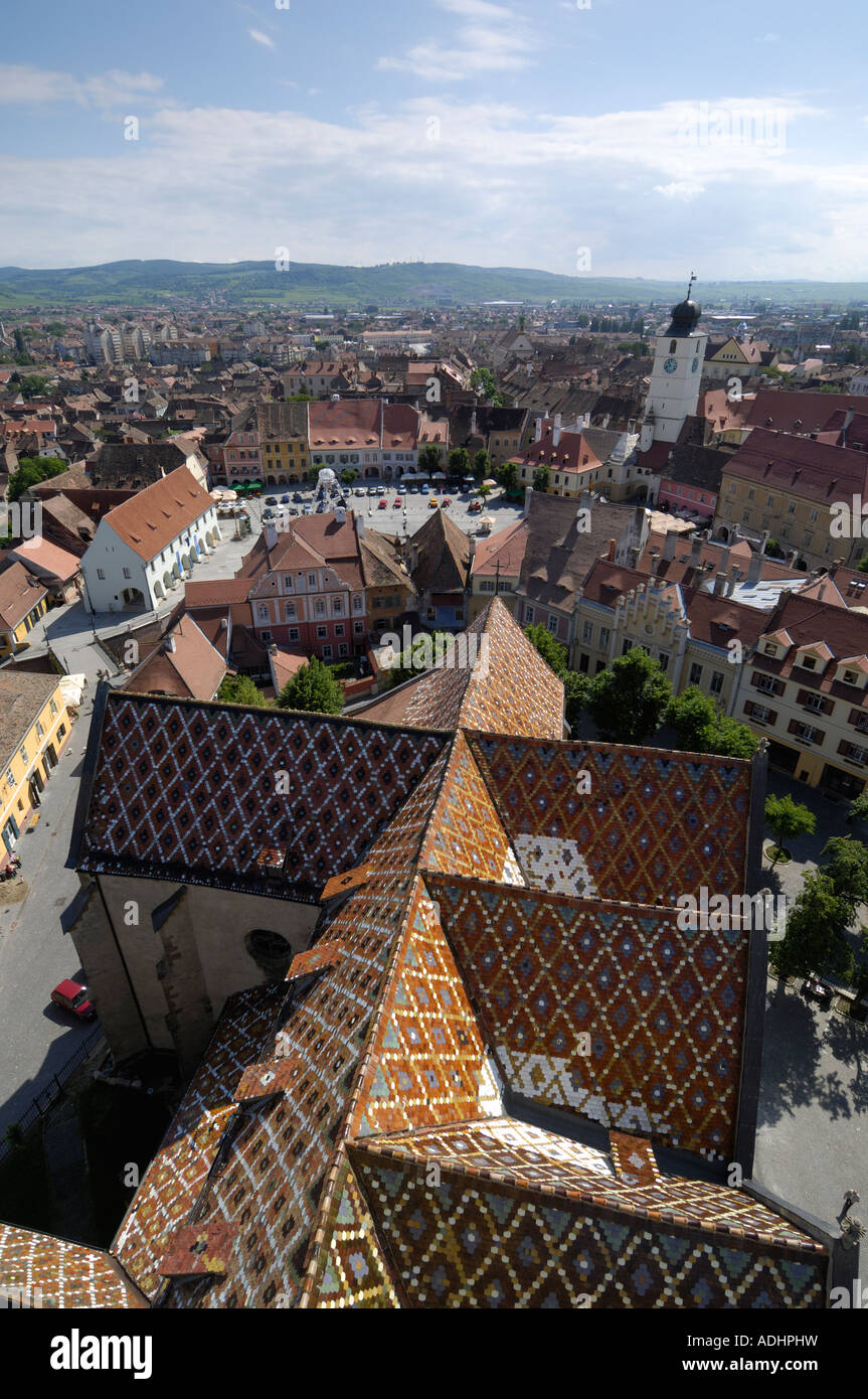 Sibiu aus dem evangelischen Dom-Turm, Siebenbürgen, Rumänien Stockfoto