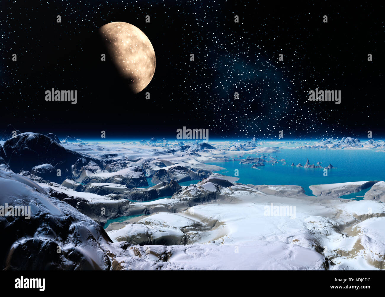 Mondaufgang über Eisplaneten bei Nacht 3d Computer generiert Sci-Fi-Welt Stockfoto