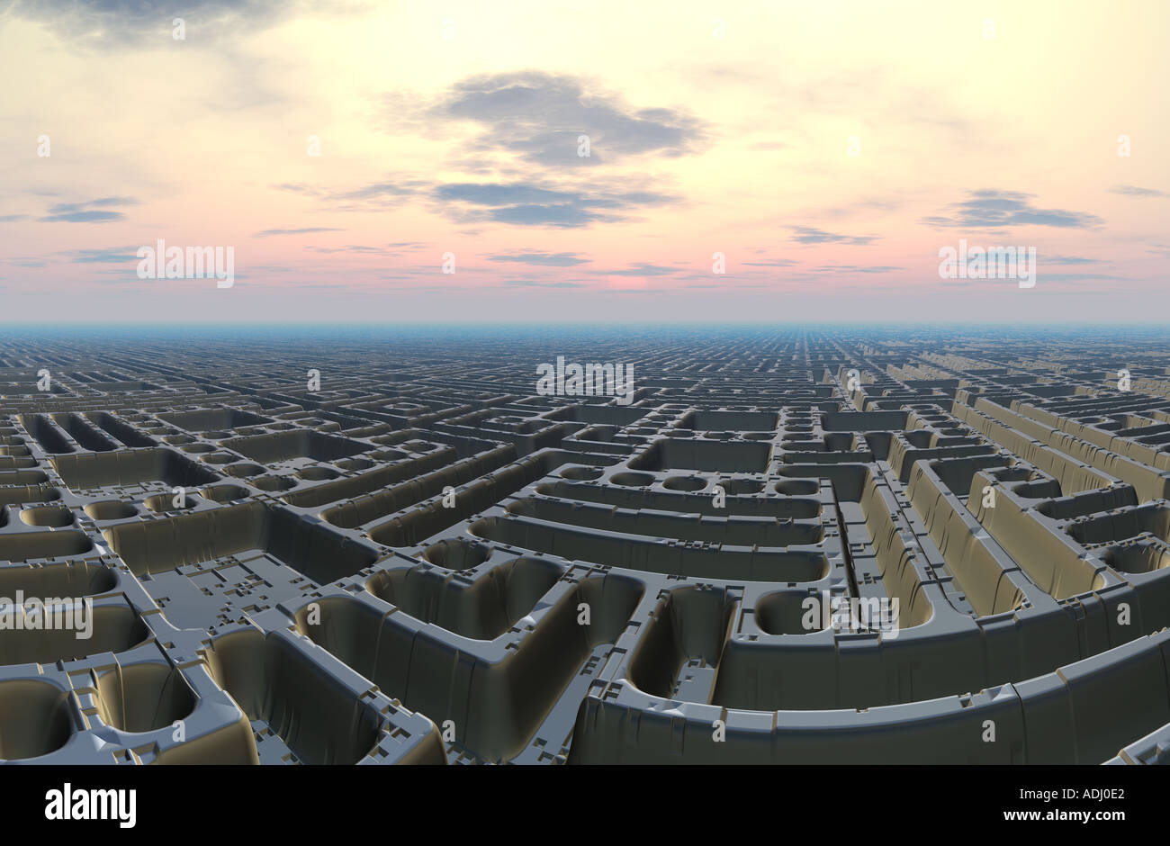 Labyrinth-Stadt bei Sonnenuntergang 3d Computer generiert Sci-Fi-Welt Stockfoto