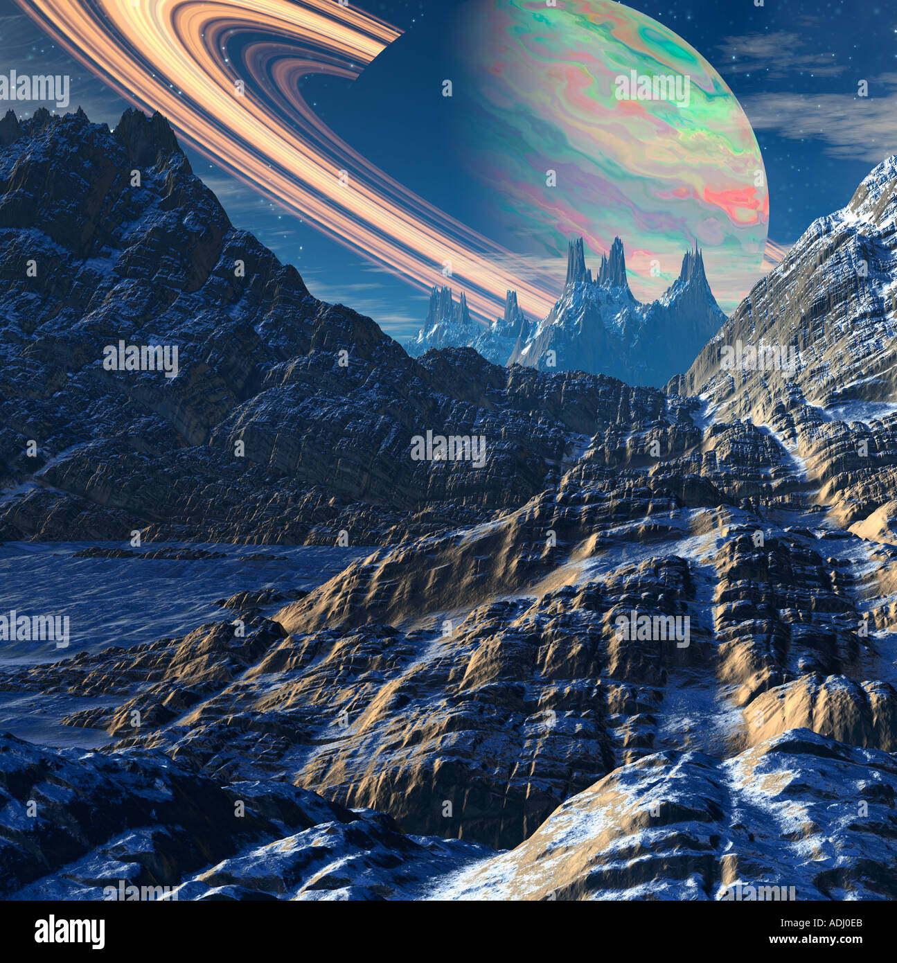Saturn mit Ringen steigt über felsige Mond 3d Computer generiert Sci-Fi-Welt Stockfoto
