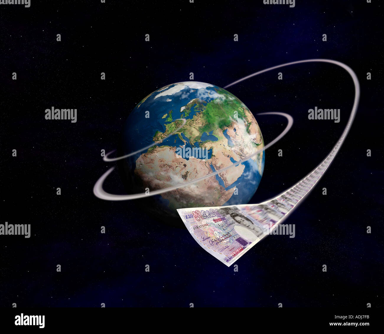 Geld regiert die Welt umrunden Stockfoto