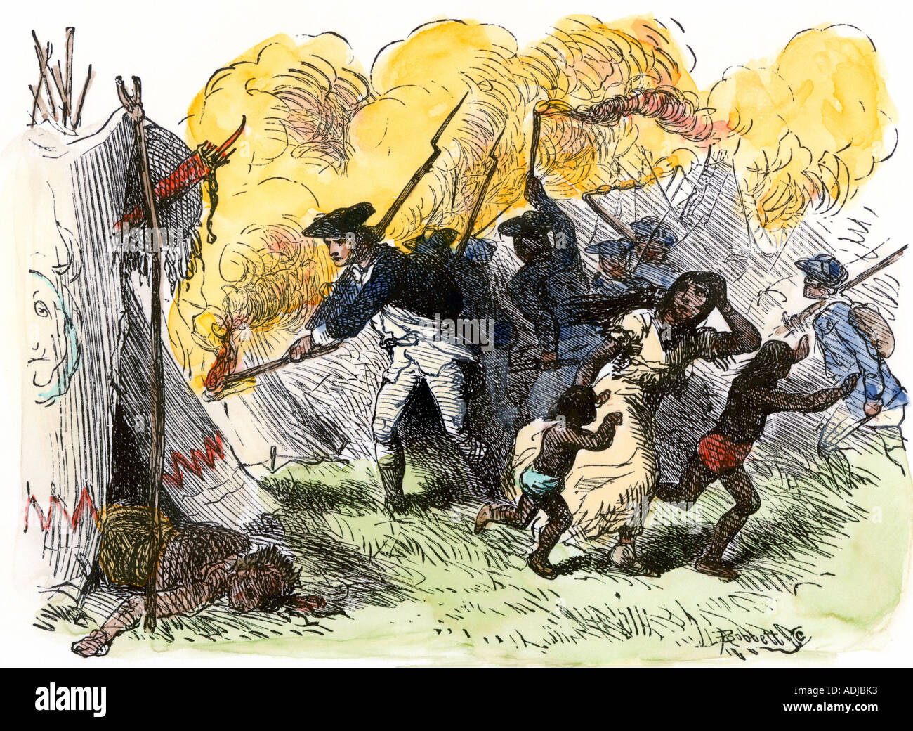 Föderalen Truppen zerstören Native American Dörfer an der Grenze der späten 1700er und frühen 1800er Jahren. Hand - farbige Holzschnitt Stockfoto