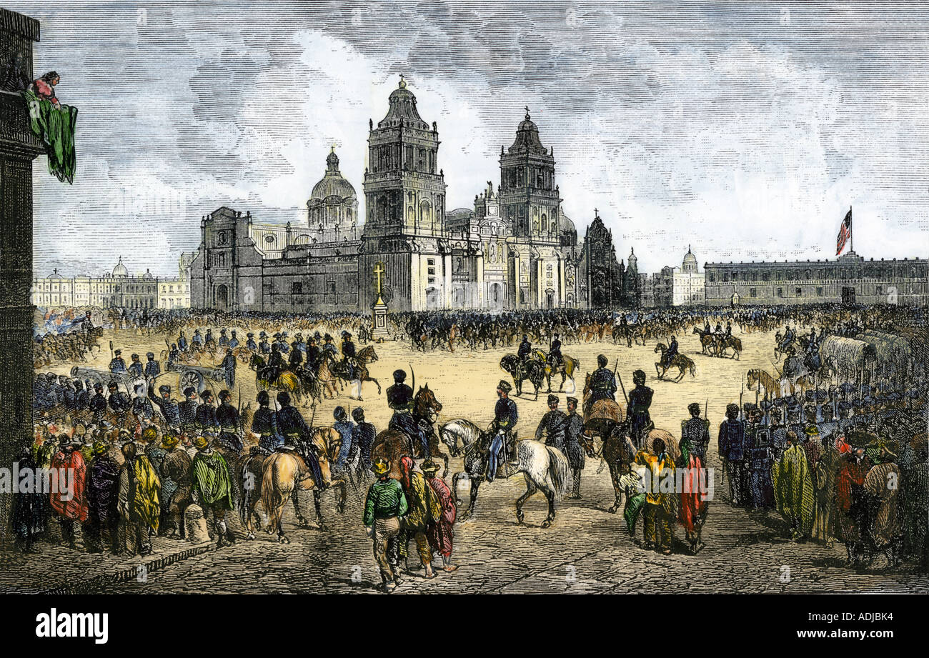 General Winfield Scott führt uns Kräfte in Mexiko City der US-mexikanischen Krieg 1847 zu Ende. Hand - farbige Holzschnitt Stockfoto