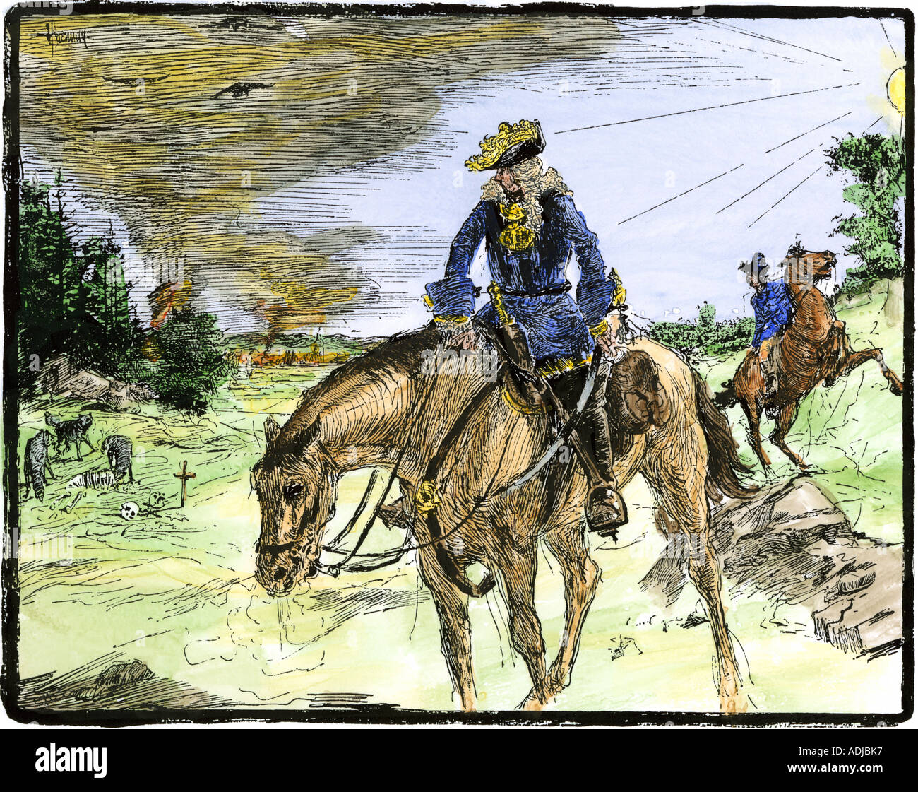 Die Flucht des schwedischen Königs Karl XII. nach dem Verlust der Schlacht von Poltawa für Peter den Großen 1709. Hand - farbige Holzschnitt Stockfoto