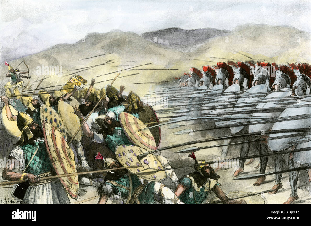 Griechen unter Pausanias Abwehr der persischen Armee von Mardonius in der Schlacht von Plataea 479 BC. Handcolorierte halftone einer Abbildung Stockfoto