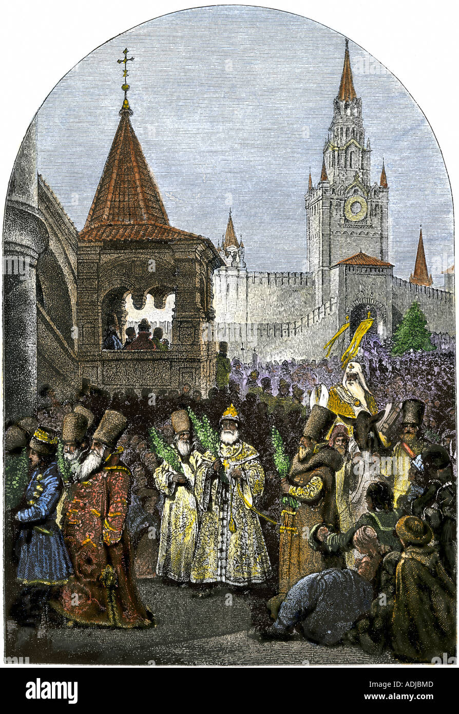 Religiöse Prozession in Moskau während der Regierungszeit von Zar Iwan IV. der Schreckliche 1500. Hand - farbige Holzschnitt Stockfoto