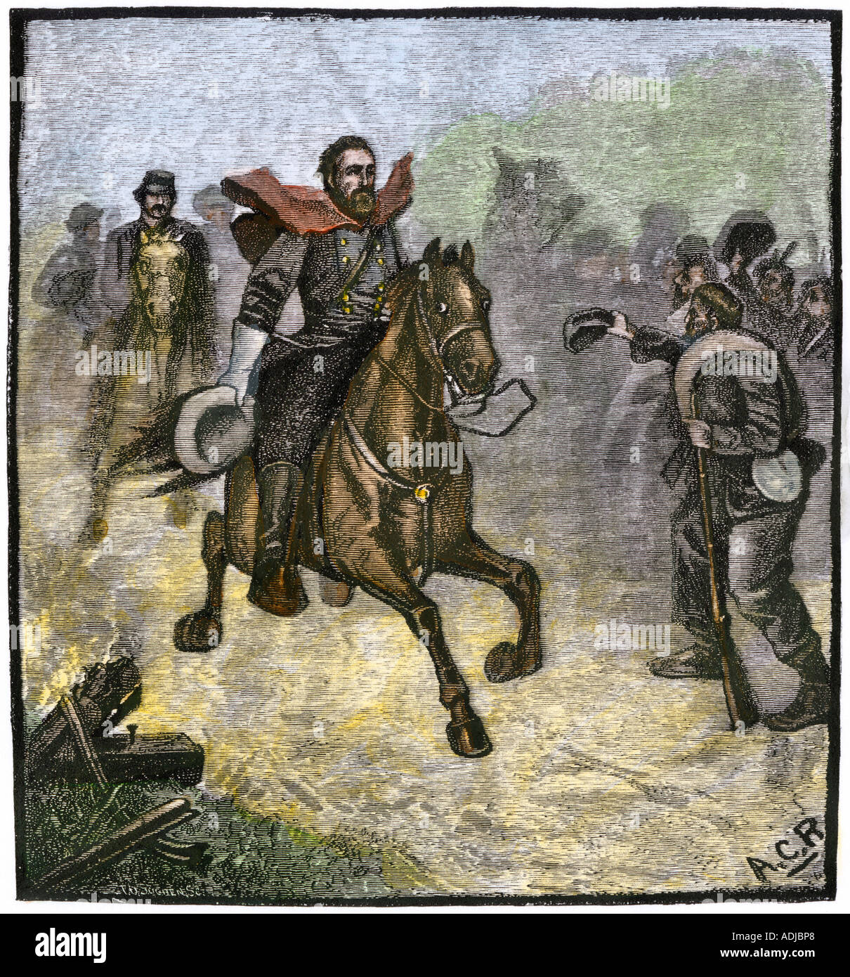 Verbündete Soldaten Zujubeln auf einen Blick der Allgemeinen Stonewall Jackson im US-Bürgerkrieg. Hand - farbige Holzschnitt Stockfoto