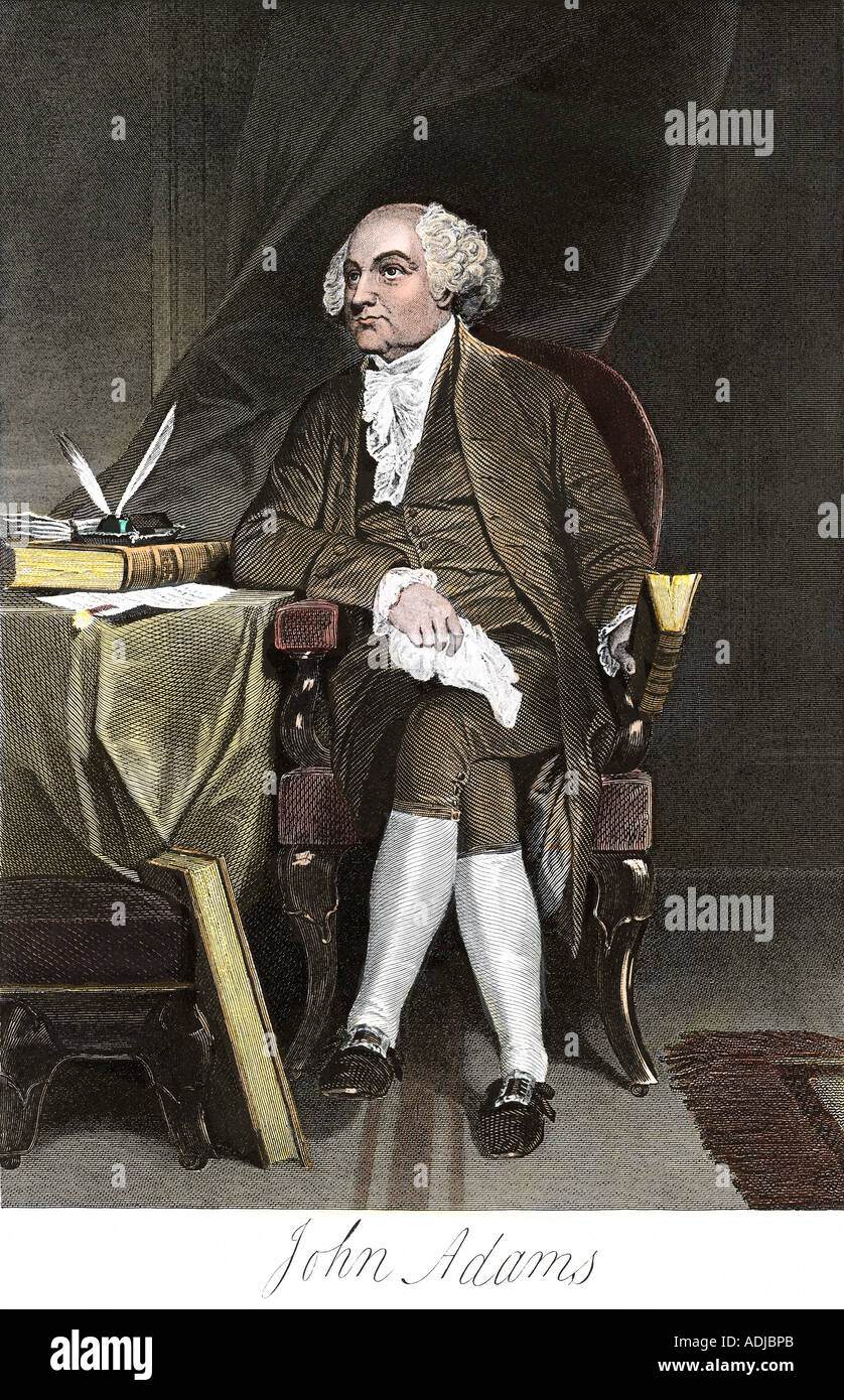 John Adams an einem Schreibtisch mit seiner Unterschrift sitzt. Handcolorierte Stahlstich Stockfoto