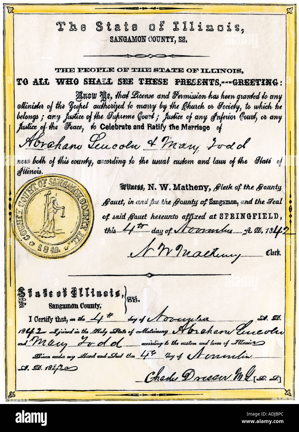 Heiratsurkunde von Abraham Lincoln und Mary Todd 1842. Hand - farbige Holzschnitt Stockfoto