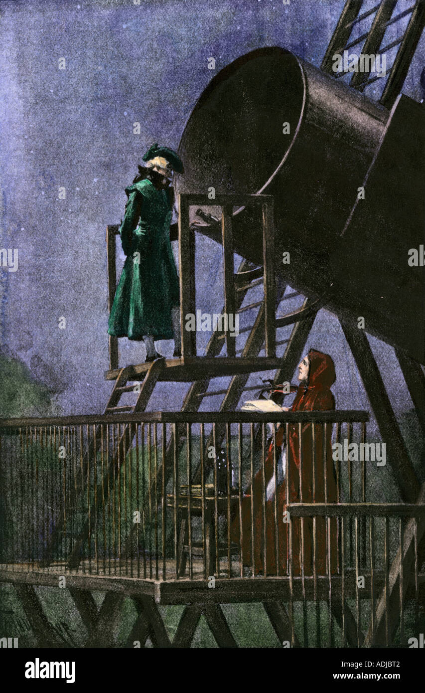 William Herschel und seine Schwester Caroline an Ihrem Teleskop späten 1700s. Handcolorierte halftone einer Abbildung Stockfoto