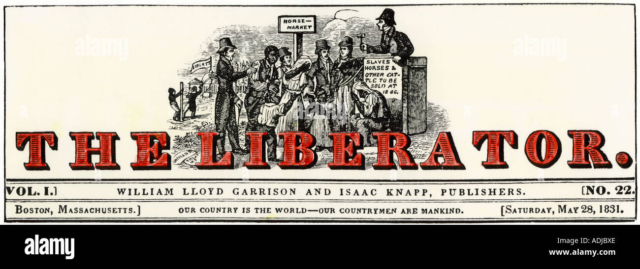 Impressum von 1831, dem Befreier abolitionistische Zeitung von William Lloyd Garrison veröffentlicht. Hand - farbige Holzschnitt Stockfoto