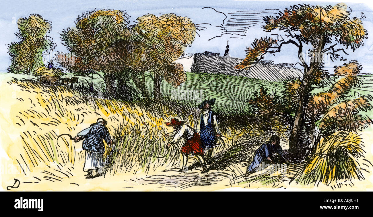Schwedische Kolonisten Landwirtschaft entlang der Delaware River in neuem Schweden 1600. Hand - farbige Holzschnitt Stockfoto