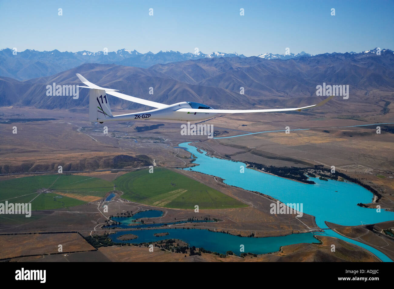 Gleiter und Lake Ruataniwha Mackenzie Country Süd Insel Neuseeland Stockfoto