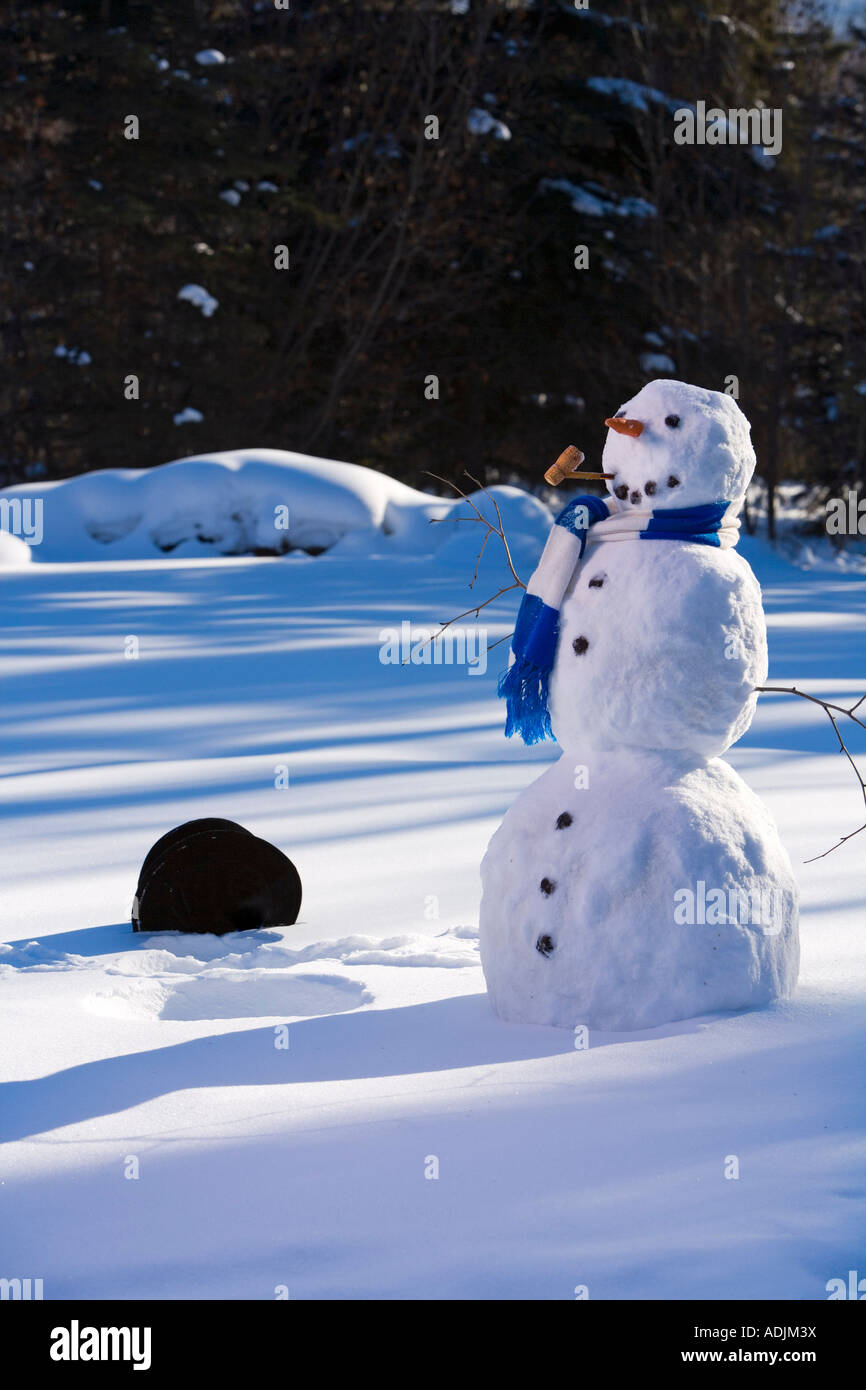 Schneemann im Wald in den Nachmittag leichte nach macht Schneeengel innen Alaska Winter Stockfoto
