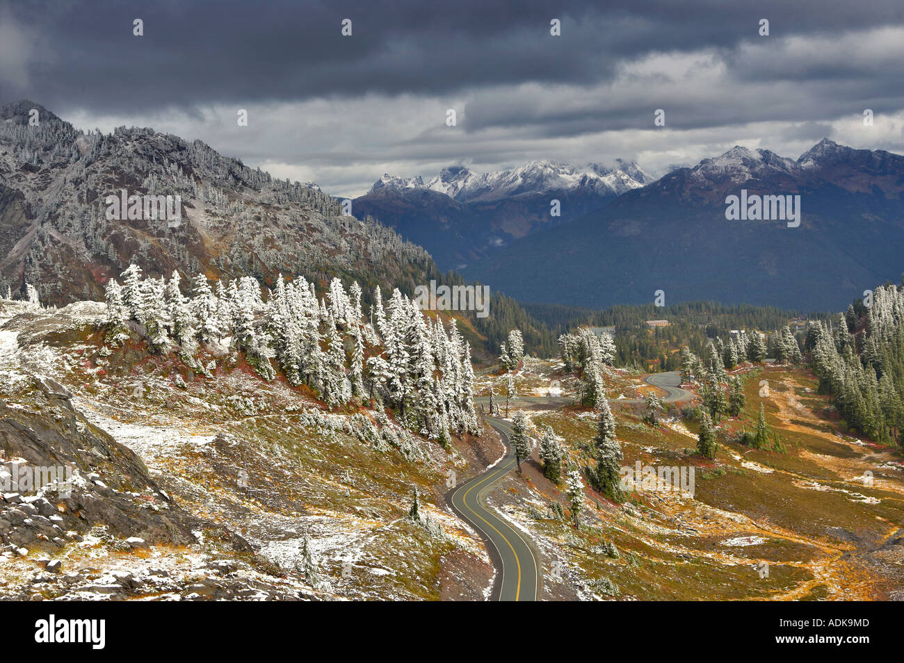 Straße in Heather Wiesen und Nooksack Palette mit ersten Schnee der Saison Washington Stockfoto