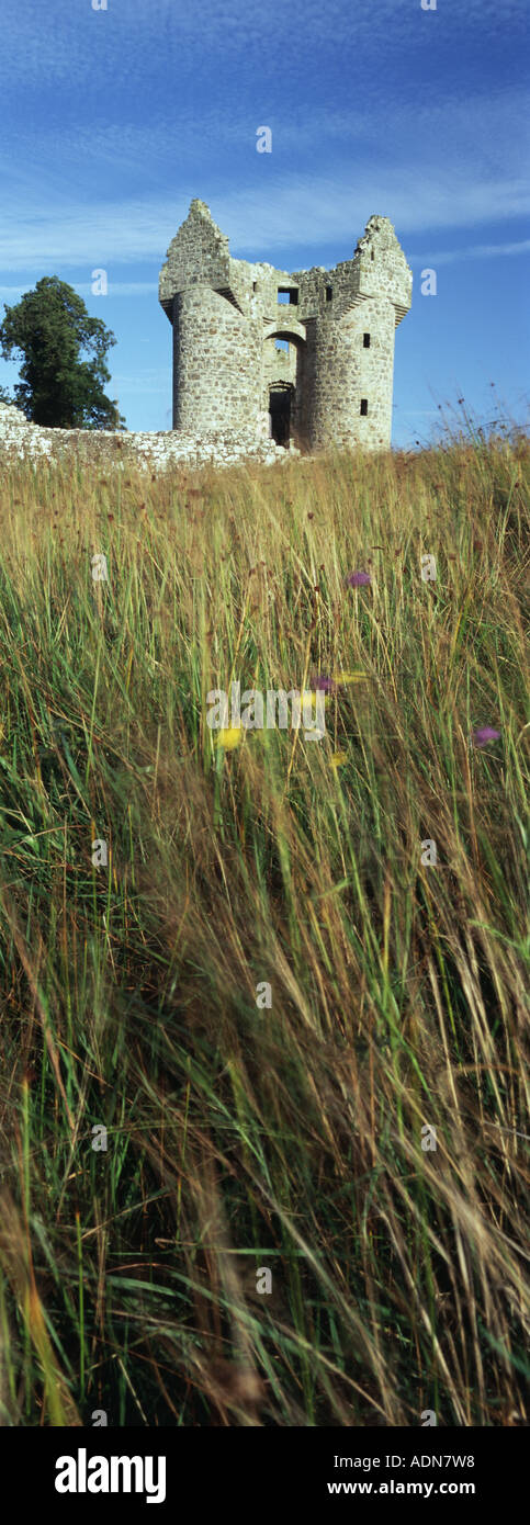 Rasen und Blumen mit alten Ulster-Scots Plantage Burg in Cashel, Grafschaft Fermanagh, Nordirland. Stockfoto