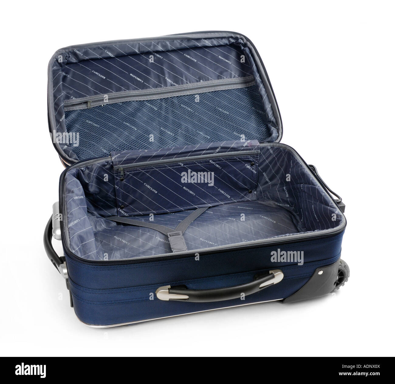 Offene leere blaue Reise Koffer isoliert Silhouette auf weißen Ausschnitt Gepäck Tasche Gepäckkoffer Stockfoto