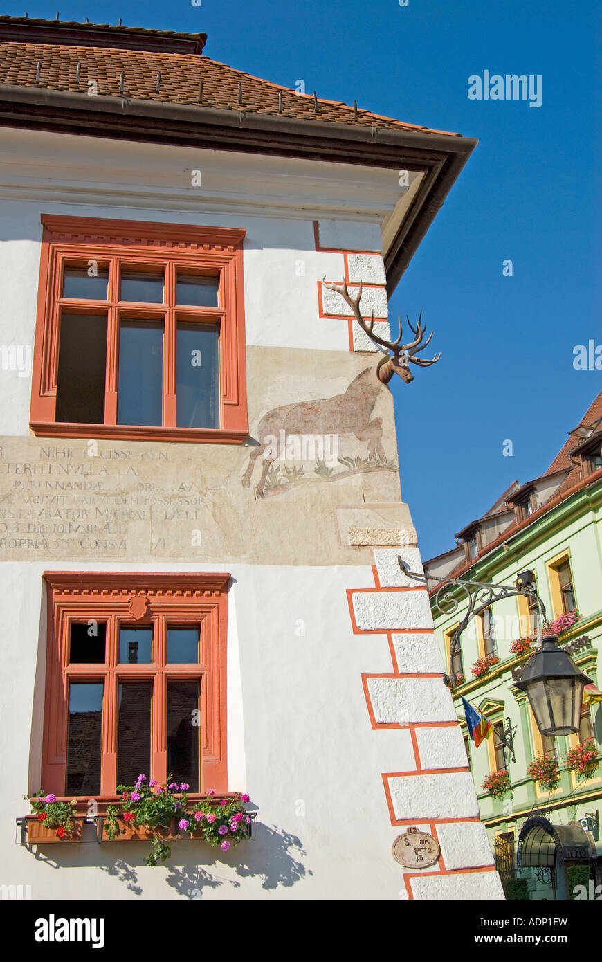 Sighisoara/Schäßburg, Siebenbürgen, Rumänien. Die Hirsch-Haus (Casa cu Hirsches.das; 17thC) Piata Cetatii (Zitadelle Quadrat) Stockfoto