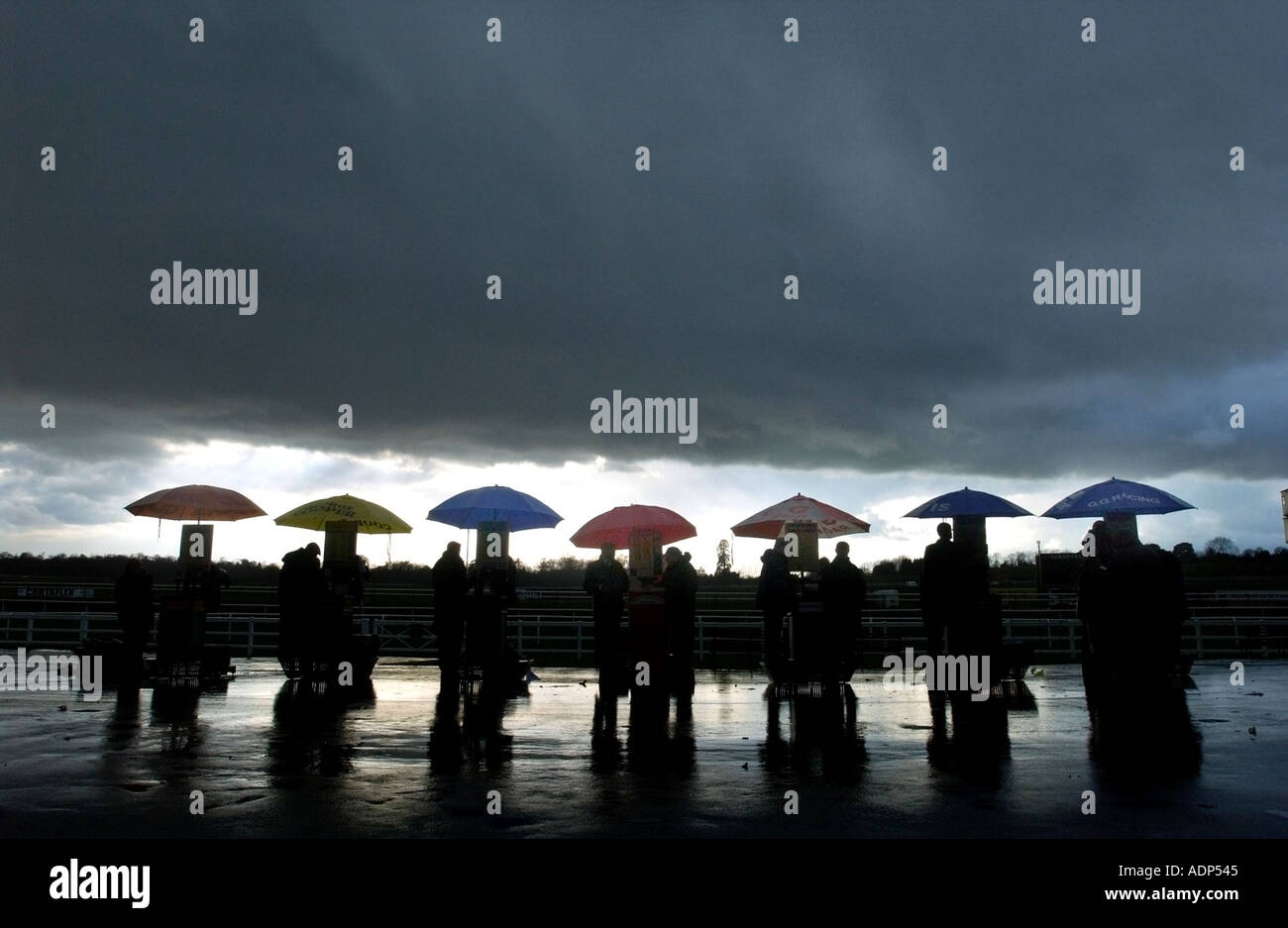 Sieben streckenseitigen Buchmacher mit Schirme warten für Börsenspekulanten im strömenden Regen auf der all Wetter-Rennbahn in Lingfield Stockfoto
