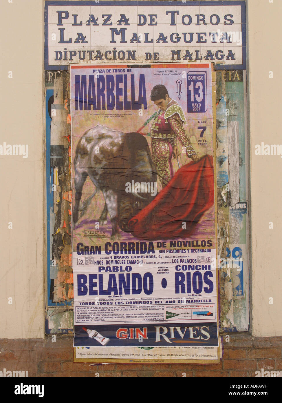 Plakat außerhalb der Stierkampfarena in Malaga, Spanien Stockfoto