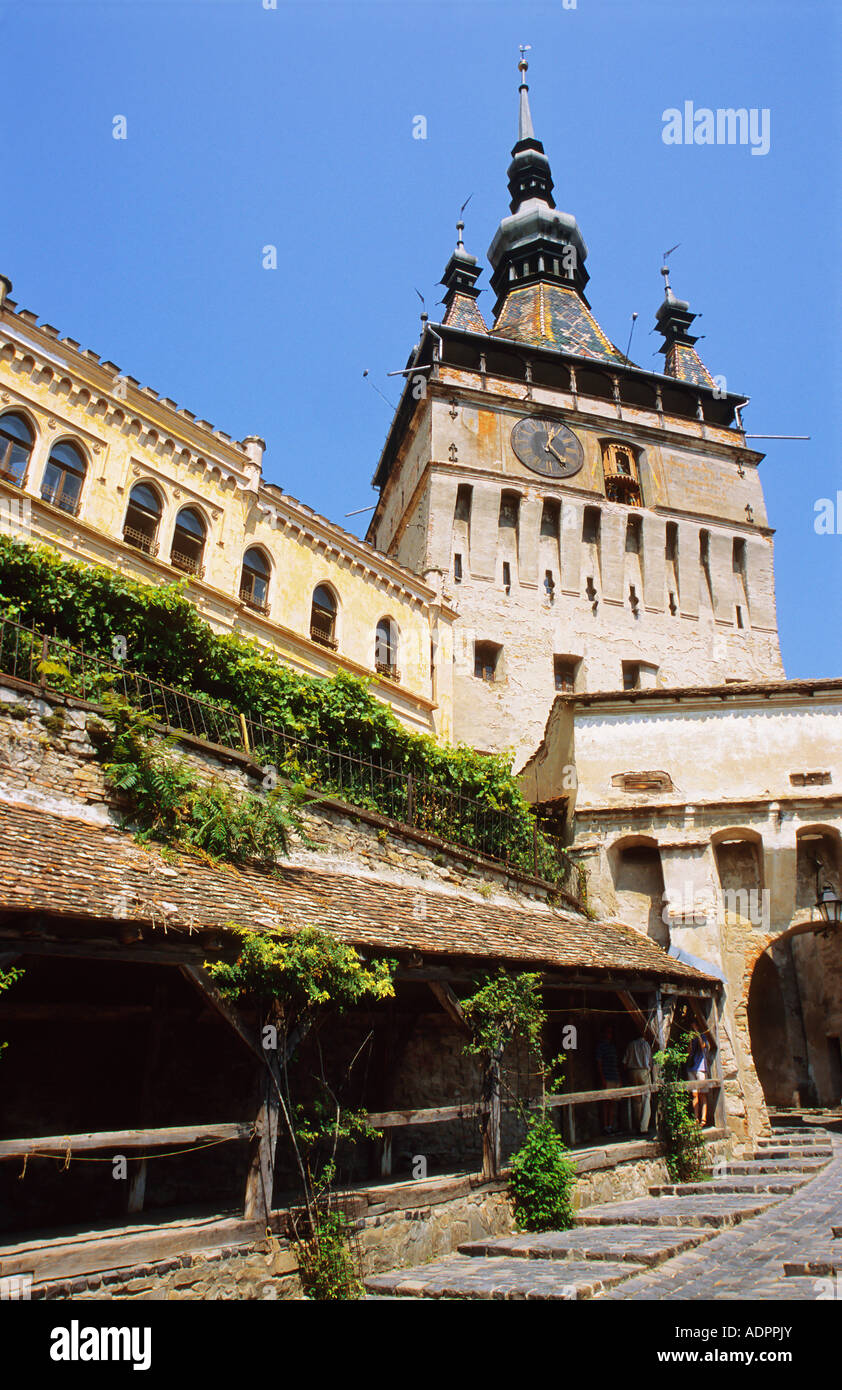 Sighisoara Segesvar Uhrturm vor den Toren der mittelalterlichen Zitadelle Siebenbürgen Rumänien Stockfoto