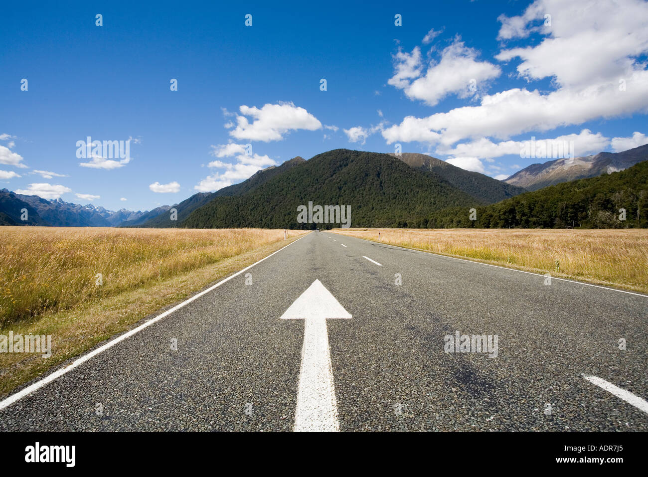 Neuseeland Südinsel Fiordland National Park Pfeil aufgemalt zweispurige Straße durch Eglington Valley Stockfoto