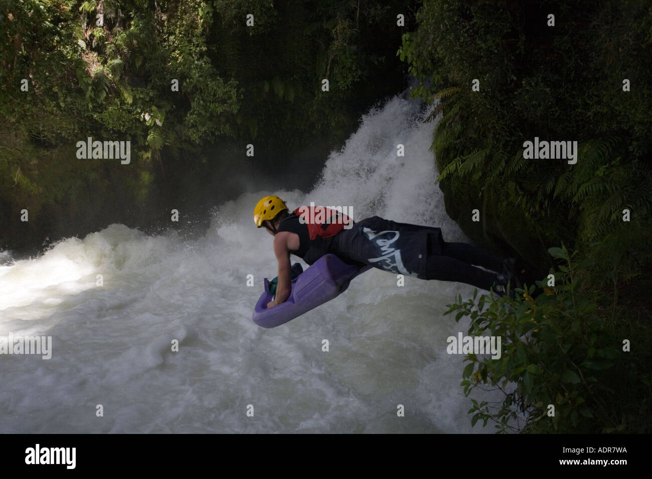 Neuseeland Nord Insel Rotorua White Wasser Sledger springt in Kaituna River unterhalb Okere fällt Stockfoto