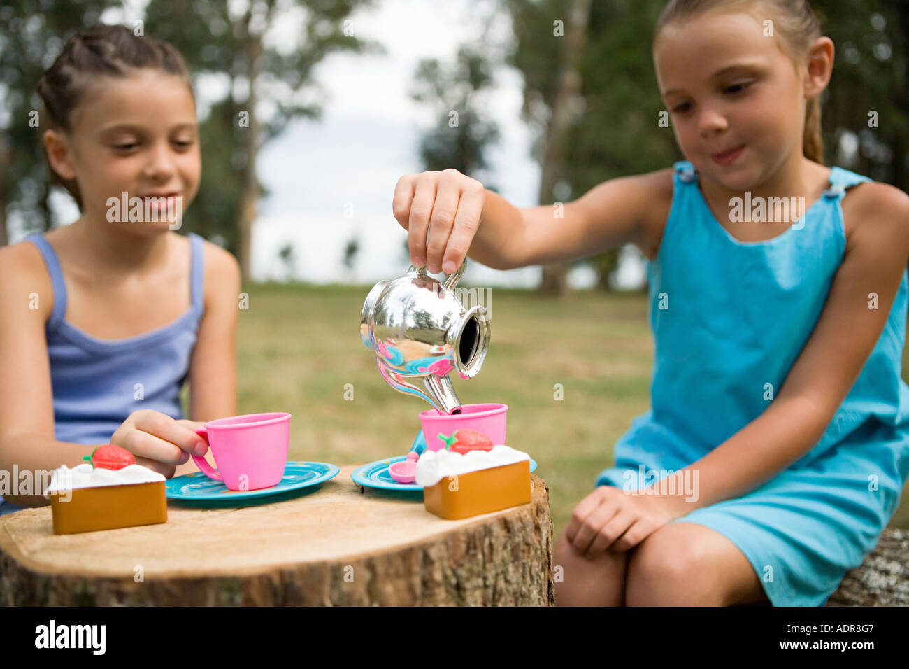 Mädchen mit einer Tee-Party im Feld Stockfoto