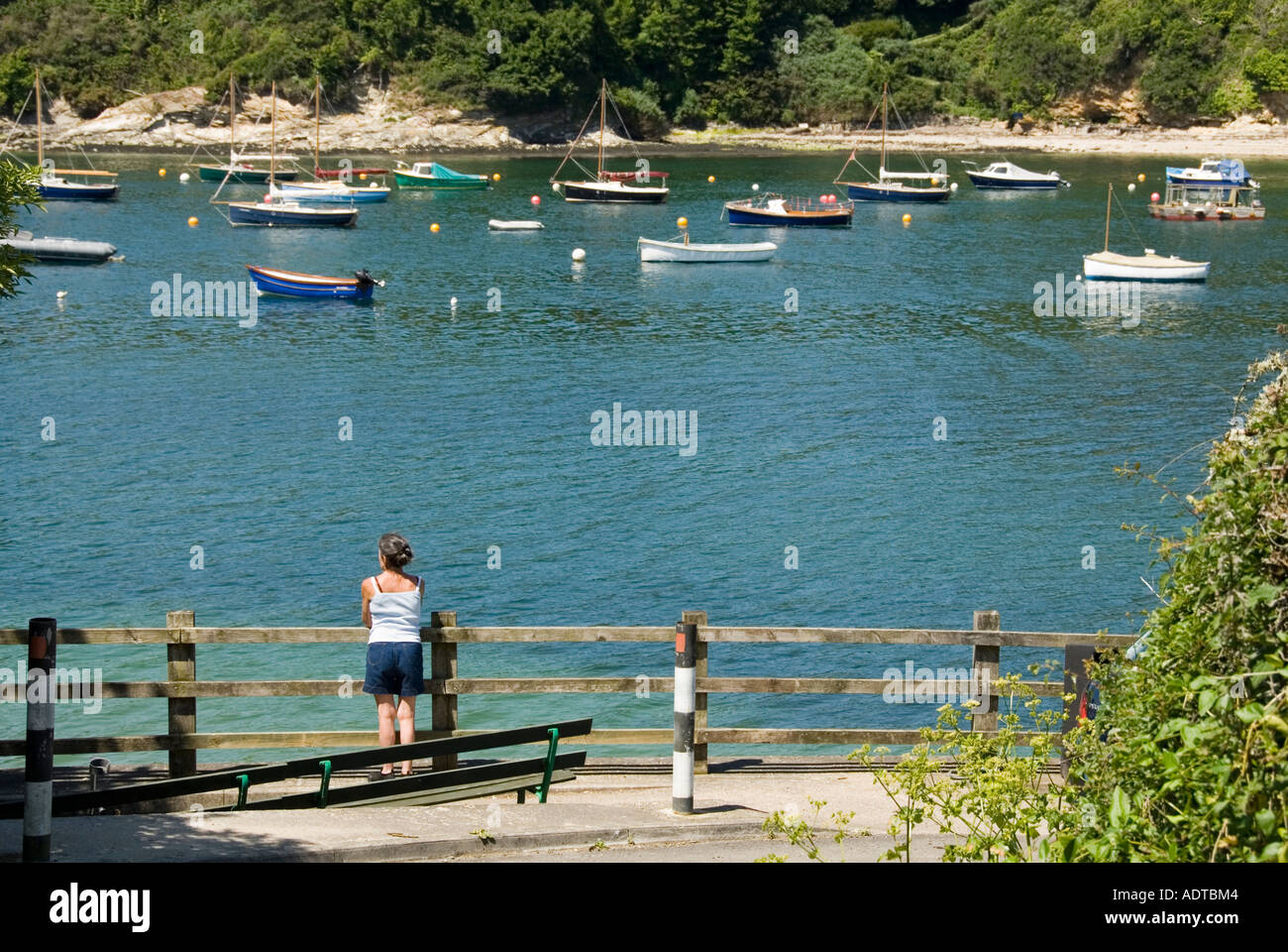 Genießen Sie den Blick von Booten an Liegeplätzen in Carrick Roads vom Ufer bei St. Just in Roseland Stockfoto